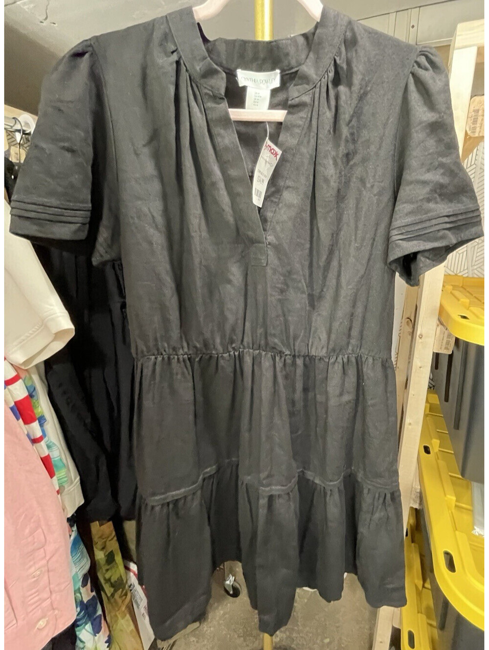Cynthia Rowley Tiered Linen Blend Short Sleeve Split V-neck Dress Black M NWT